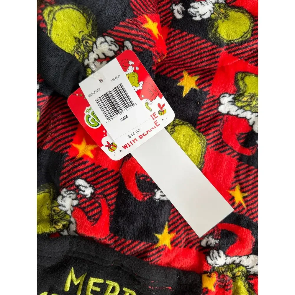 NEW! 24M Dr Seuss The Grinch Holiday AOP Fleece Footed Pajamas w/Beanie